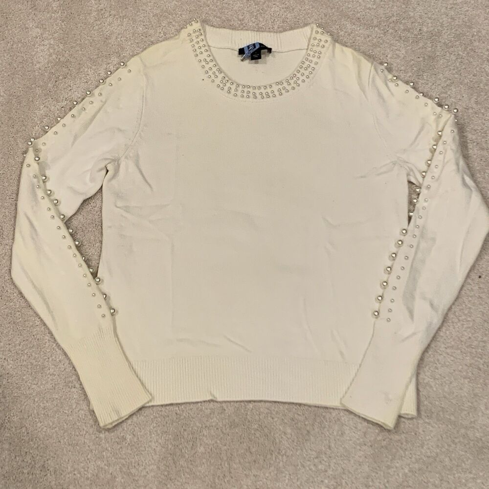 Ann Taylor Pullover Sweater Knit Small Cream Ecru Long Sleeves Pearls